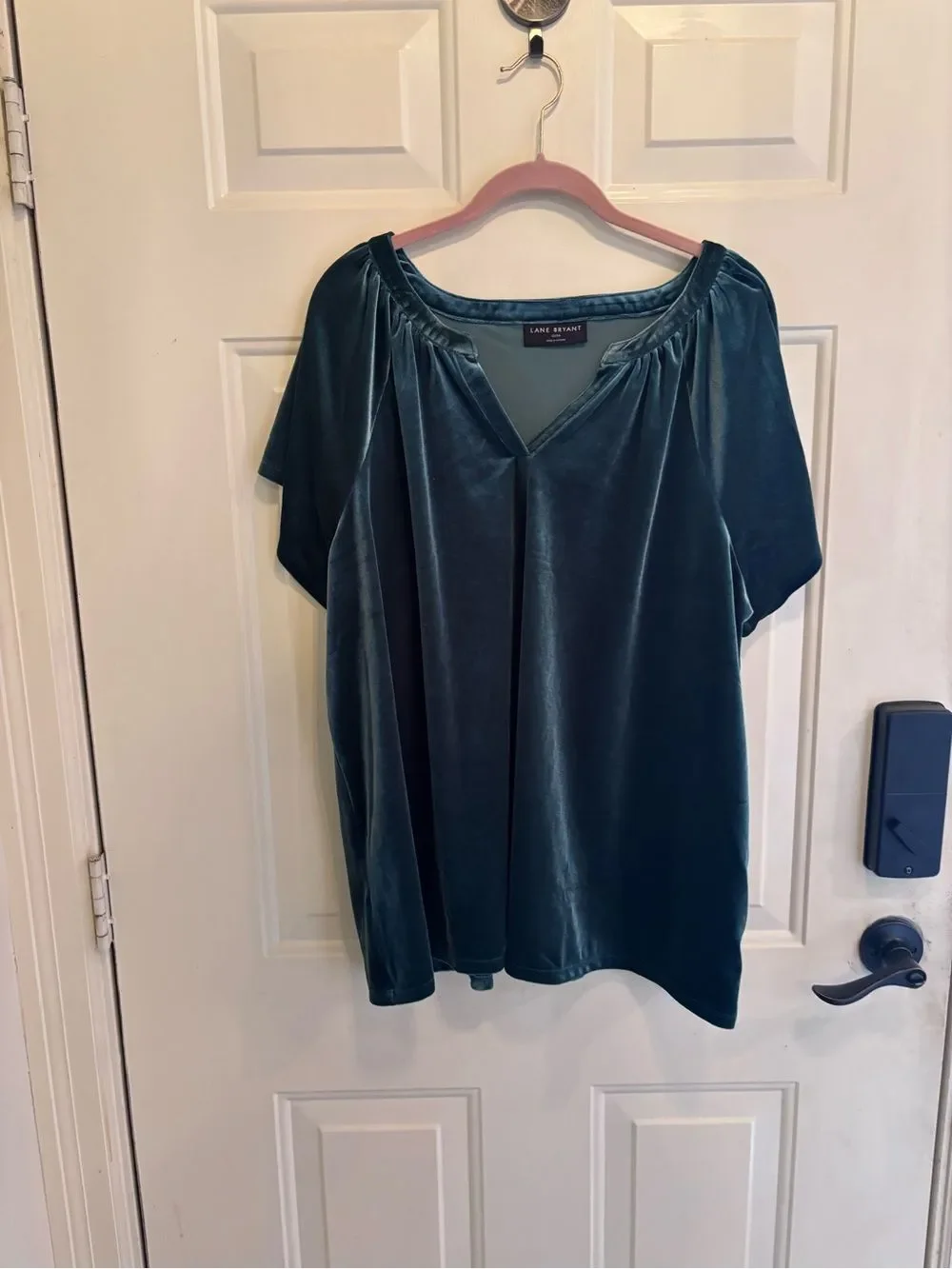 Lane Bryant Teal Velvet V-Neck Short Sleeve Blouse